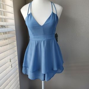 ALTRD STATE Blue V-neck Layered Strappy Romantic Flounce Romper